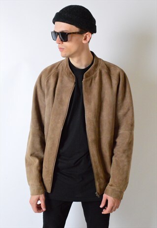 VINTAGE 90S BEIGE MINIMALIST LEATHER BOMBER JACKET