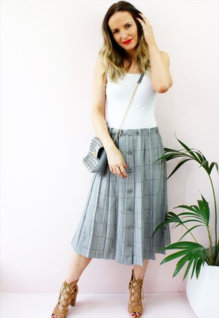 VINTAGE 80'S GREY TWEED PLAID BUTTON UP A LINE MIDI SKIRT