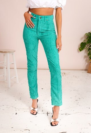 VINTAGE 80S GREEN CORDUROY SKINNY LEE TROUSERS