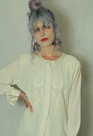 VINTAGE 90S BEADED CREAM OVERSIZED BLOUSE SIZE 10