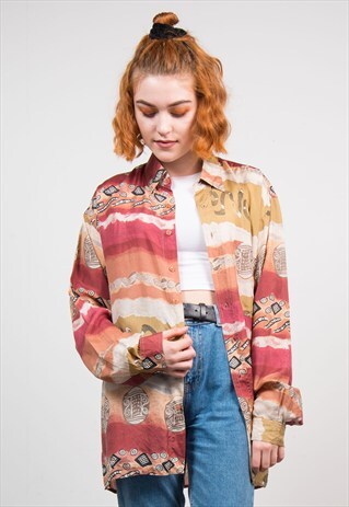 VINTAGE 90'S CRAZY PATTERN LONG SLEEVE SILK SHIRT