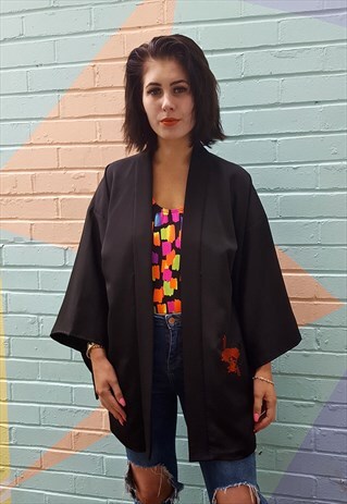 BLACK KIMONO JACKET COAT WITH ORANGE FLORAL EMBROIDERY