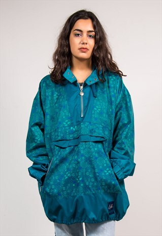 VINTAGE 90'S TURQUOISE PATTERNED CAGOULE PULLOVER JACKET
