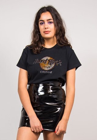 90'S Y2K HARD ROCK CAFE COLOGNE RHINESTONE BLACK T-SHIRT