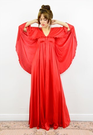 VINTAGE 80S BRIGHT RED CAPE SLEEVE EVENING MAXI DRESS