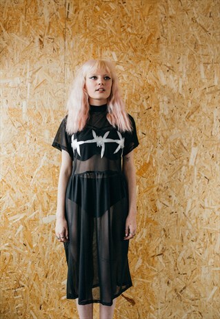 BLACK SHEER BARBED WIRE MIDI DRESS