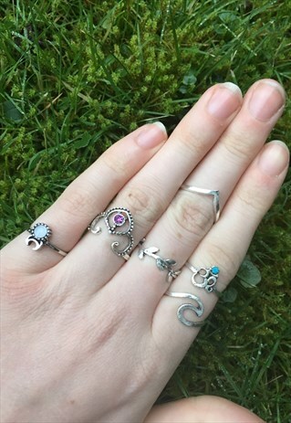 WOMENS BOHO AZTEC CROWN WAVE MOON SILVER COLOUR SET OF RINGS