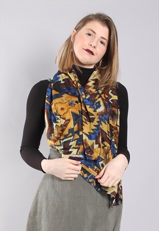 VINTAGE 80S AZTEC PATTERNED SILK CHIFFON SCARF