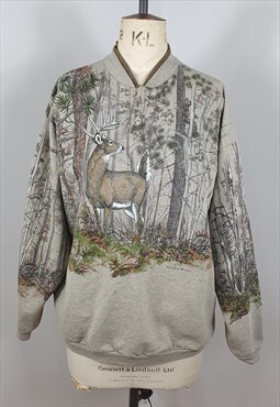 Vintage Grandad Collar Deer Graphic Sweatshirt w/Pockets
