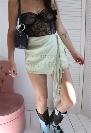 VINTAGE Y2K 90S PASTEL GREEN LEATHER TASSEL MNI SKIRT