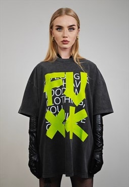 Punk slogan t-shirt vintage wash tee grunge FU top acid grey