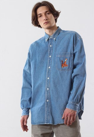 90'S VINTAGE MENS DISNEY TIGER DENIM JEANS LONG SLEEVE SHIRT