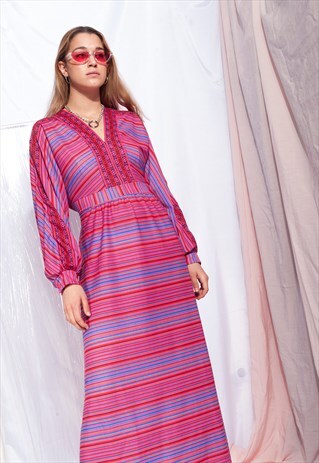 VINTAGE HIPPIE DRESS 70S STRIPED FESTIVAL MAXI DRESS