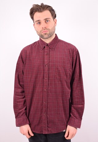 MENS VINTAGE CORDUROY SHIRT XL MAROON CHECK 90'S