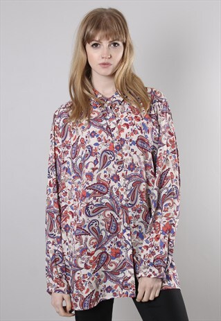 VINTAGE 80S PAISLEY PATTERNED OVERSIZE LONG BLOUSE SHIRT
