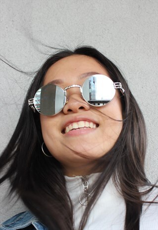 SILVER REFLECTIVE ROUND STEAM PUNK Y2K STYLE SUNGLASSES