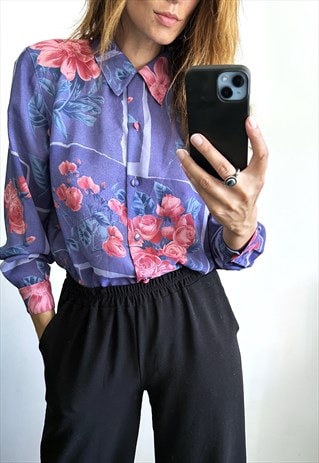 PURPLE PINK ROSES BLOSSOM PRINT SHIRT - M