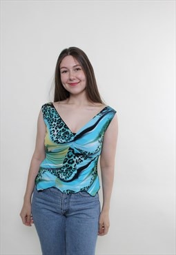 Y2k leopard top, 00s blue crop top, v neck printed top