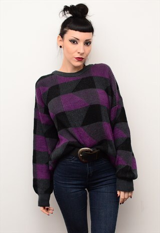 VINTAGE 90'S FUNKY PURPLE BLACK PATTERNED SLOUCHY JUMPER
