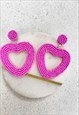 Gold Pink Beaded Heart Hoop Circle Earrings