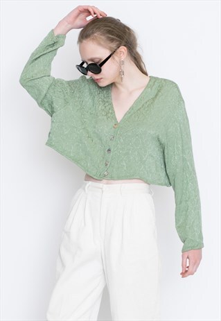VINTAGE GREEN SHINY PATTERNED RETRO TOP