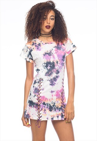 SEMI FITTED LACE UP 90S RAINBOW TIE-DYE TEE SHIRT DRESS