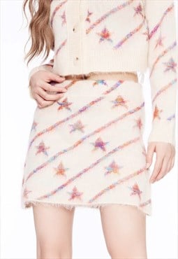 Fluffy knitted midi skirt classy star print bottoms in cream