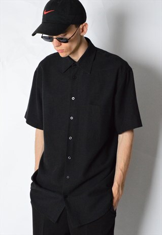 VINTAGE 90S BLACK MINIMALIST LINEN BLEND SHORT SLEEVE SHIRT