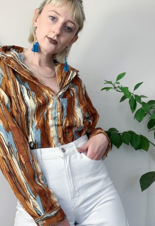 VINTAGE 70S BROWN AND BLUE PATTERNED BLOUSE