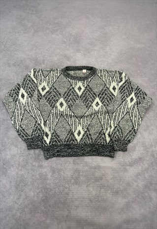 VINTAGE KNITTED JUMPER ABSTRACT PATTERNED GRANDAD SWEATER