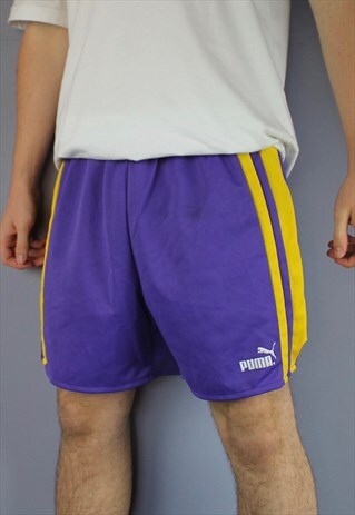 VINTAGE PUMA SHORTS IN PURPLE AND YELLOW WITH FELT PRINTED L
