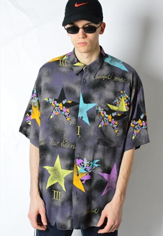 VINTAGE 80S PURPLE COLOURFUL STAR SHORT SLEEVE SHIRT