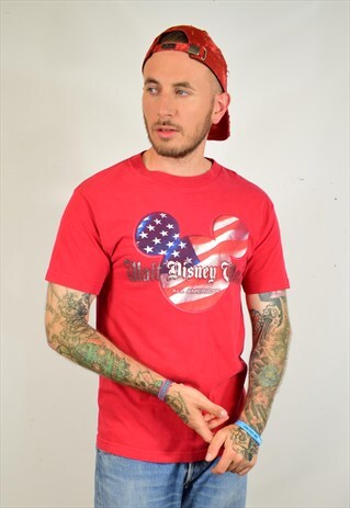 VINTAGE 90S DISNEY RED SILVER PRINT USA T SHIRT
