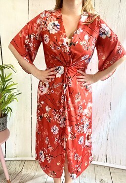 Vintage Orange Floral Printed Occasion 90's Midi Dress