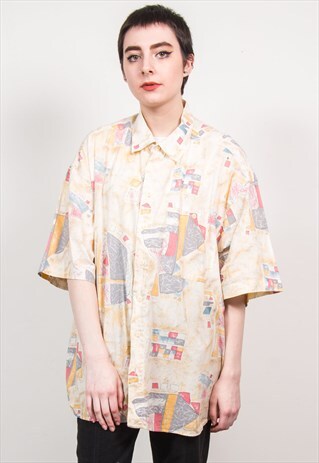 VINTAGE 90'S CREAM ABSTRACT OVERSIZED SHORT SLEEVE SHIRT