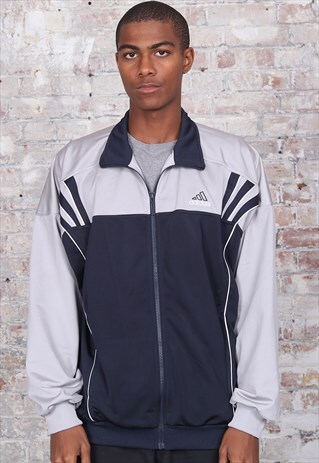 VINTAGE ADIDAS LOGO THREE STRIPE TRACK JACKET SILVER BLUE
