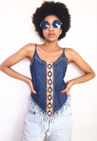 VINTAGE DENIM EMBROIDERY HALTER CROP TOP