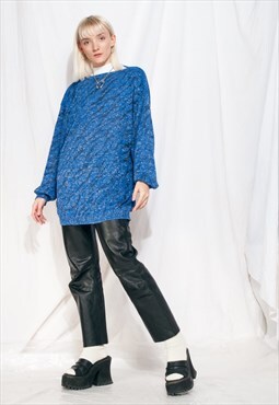 Vintage knit jumper 80s shiny blue long chunky sweater