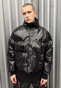 Shiny plastic crop bomber quilted rave puffer jacket black