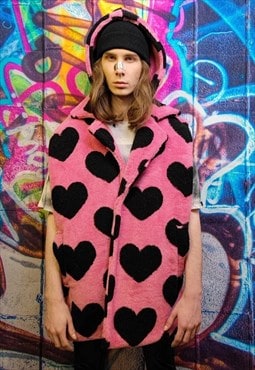 Heart fleece gilet handmade hoodie love print jacket in pink