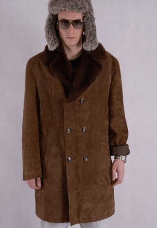 90'S GENUINE LEATHER BROWN MEN'S FAUX SHEEPSKIN SHORT COAT