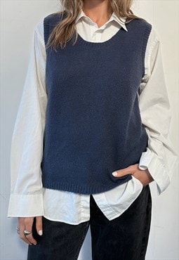 Vintage Jumper 90s Sleeveless Vest Knit Knitted Blue Top L 