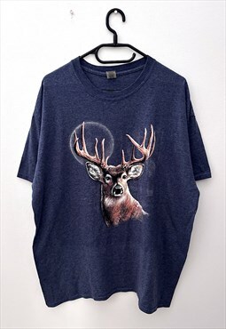 Retro Gildan navy blue deer buck nature T-shirt XL