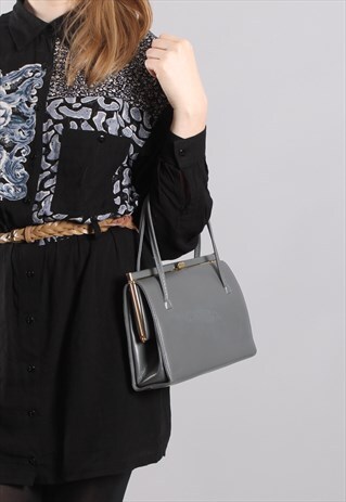 VINTAGE 60S GREY LEATHER CLASP BOX KELLY BAG