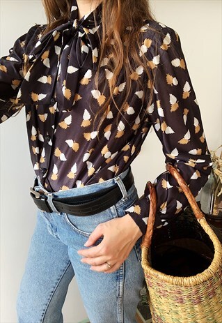 VINTAGE 50S AUTUMNAL LEAF PRINT MOD BLOUSE TOP SHIRT BLACK