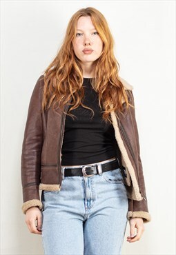 Vintage 90's Women Aviator Style Sheepskin Jacket in Brown