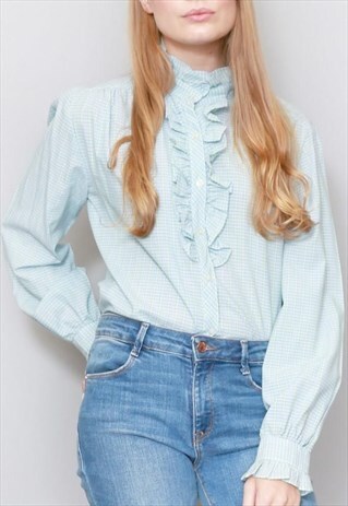VINTAGE 1970'S BLUE & GREEN GINGHAM RUFFLED BLOUSE