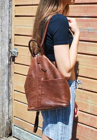 DARK TAN REAL LEATHER BACKPACK