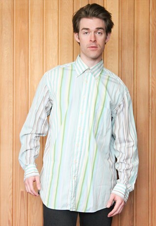 VINTAGE 1990S GREEN AND BLUE STRIPED SHIRT