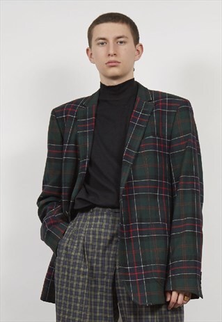 VINTAGE 90'S DARK GREEN TARTAN OVERSIZED BLAZER